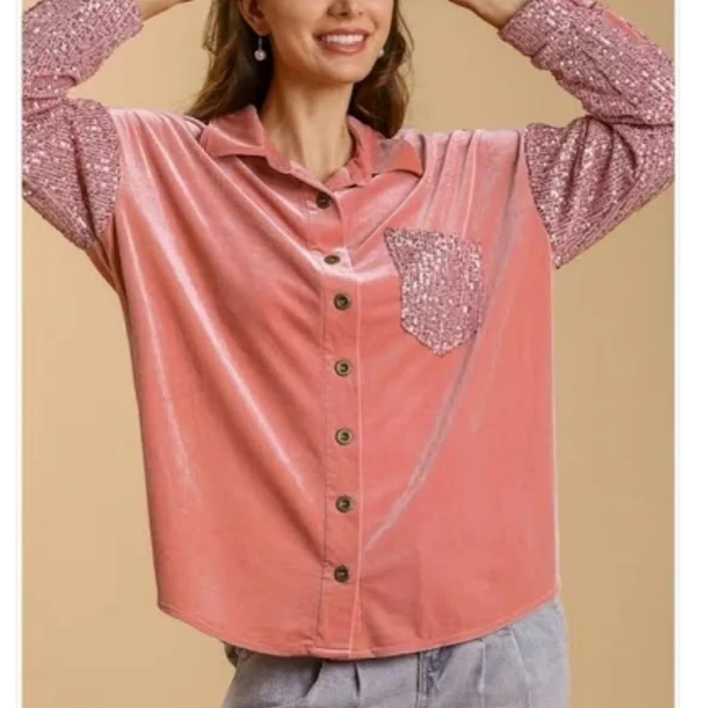 NWT Umgee Rose Pink Velvet Sequin Oversized Long Sleeve Button Down Top Shirt - Picture 4 of 16